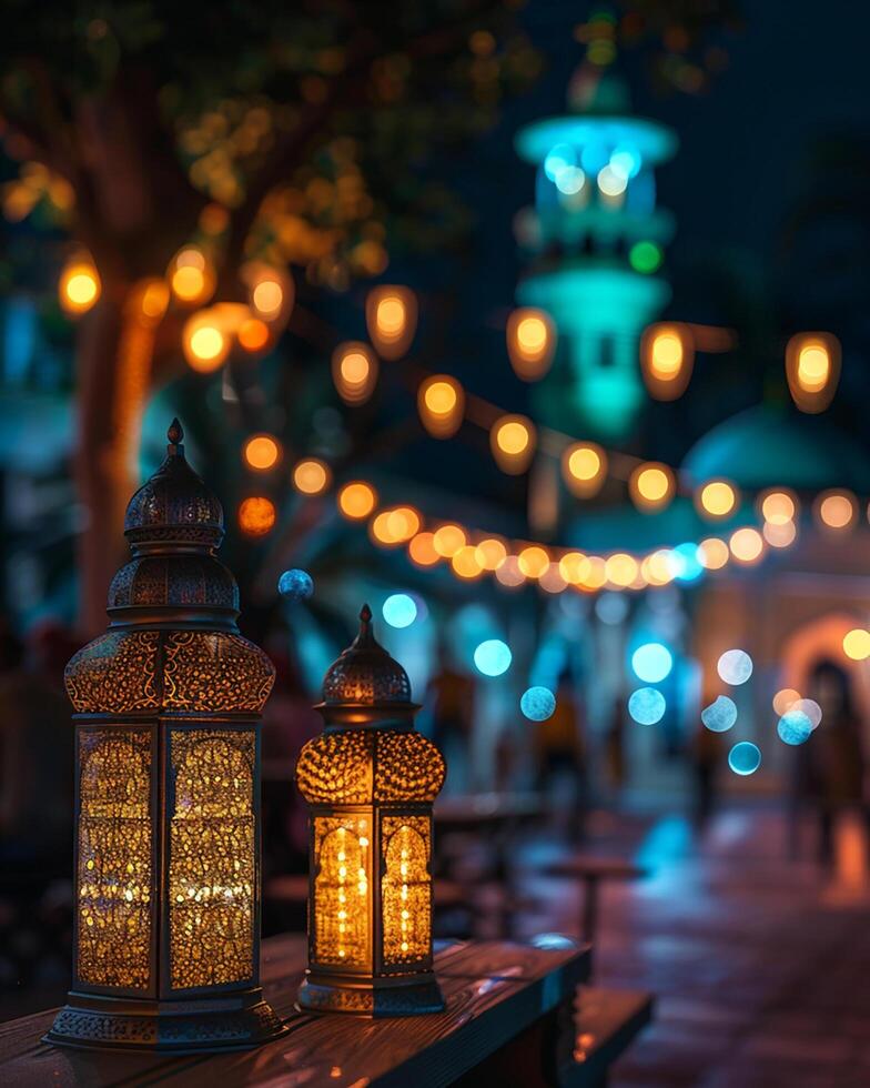 Islamic lanterns on a table at night photo