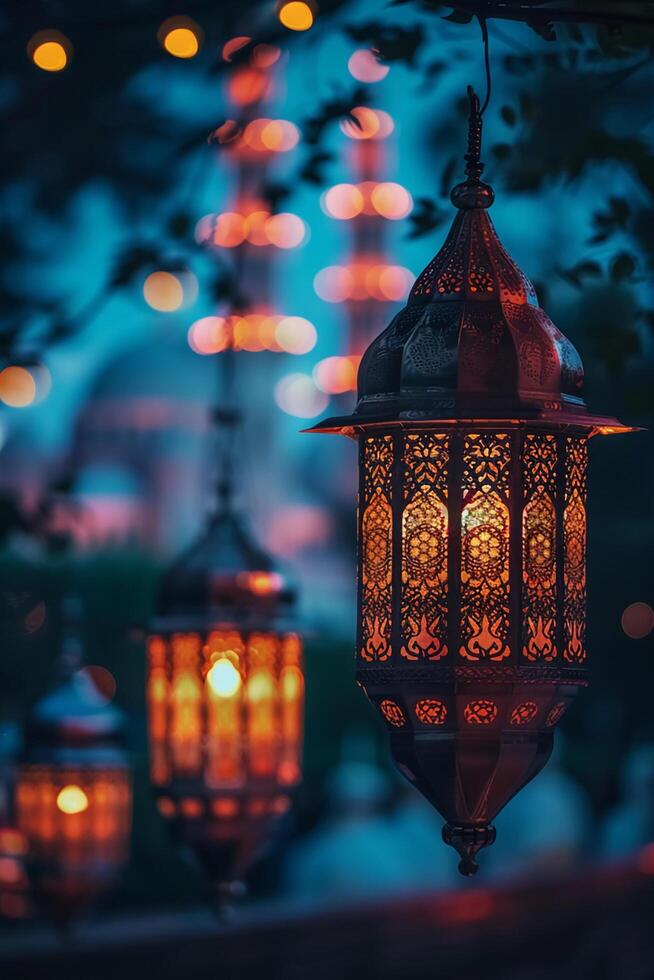 A close up of a lantern hanging from a tree photo