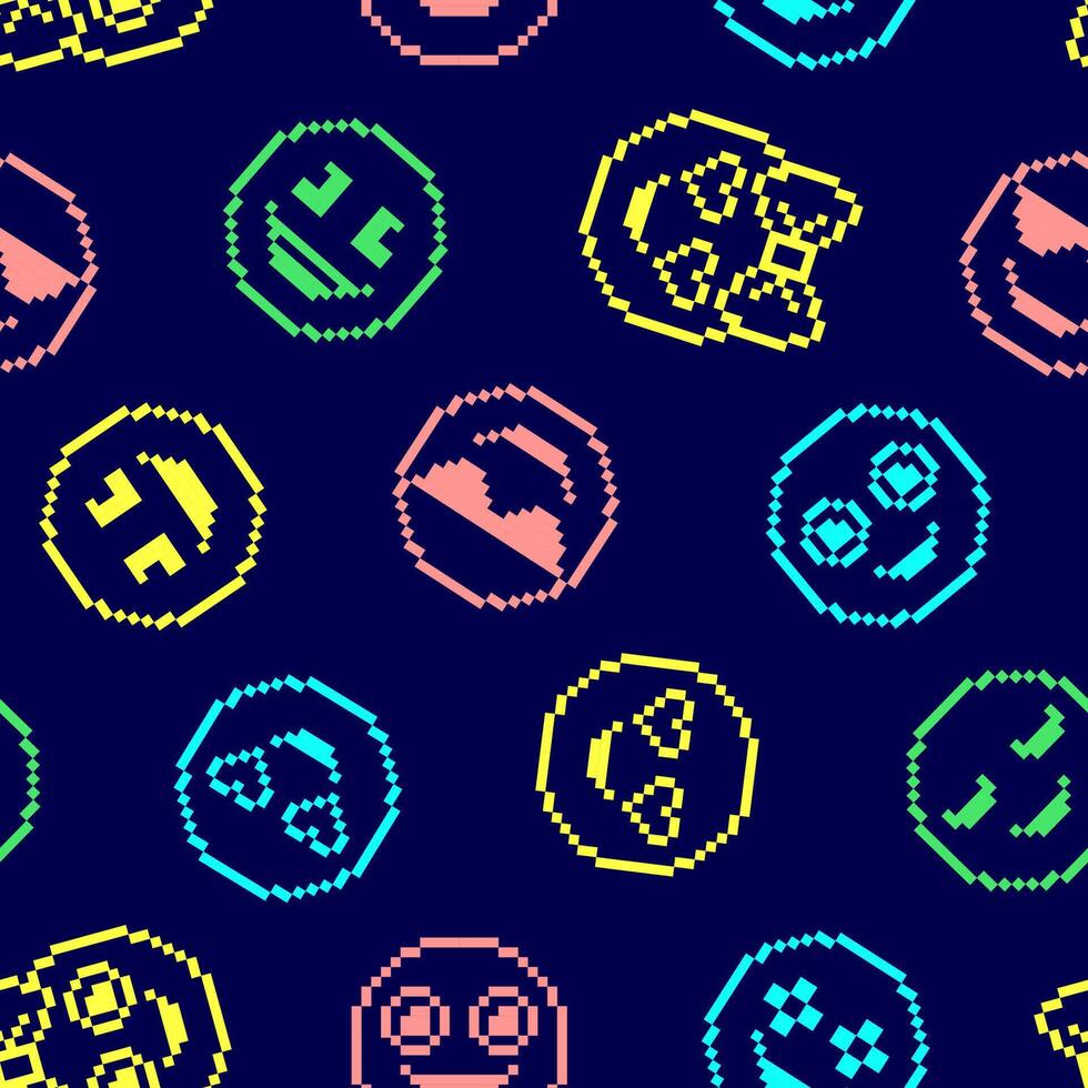 Seamless pattern with cute emoticons on dark background. vector