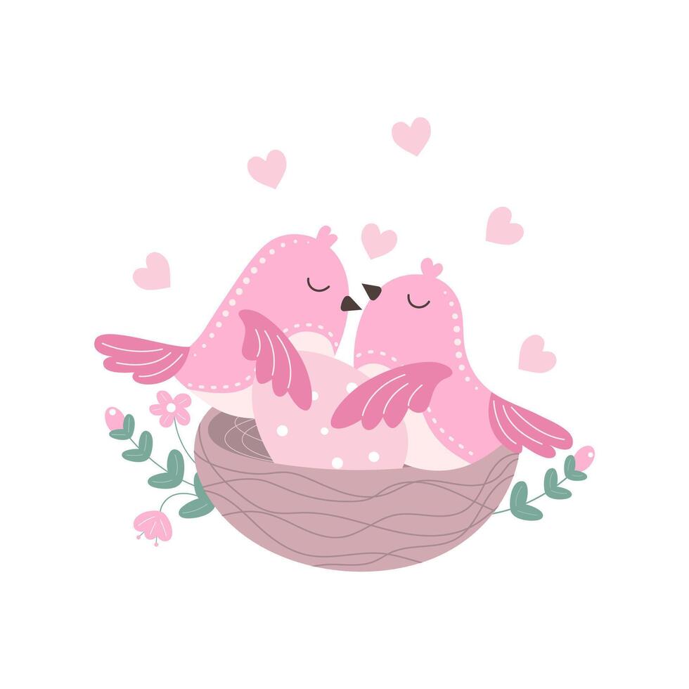 Two pink birds sit in a nest vector