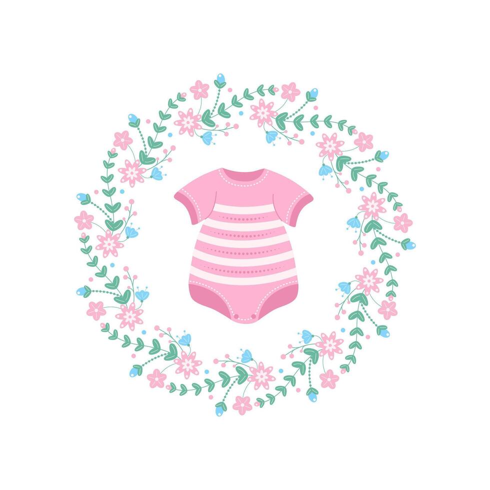 Baby romper in the center of a floral wreath vector