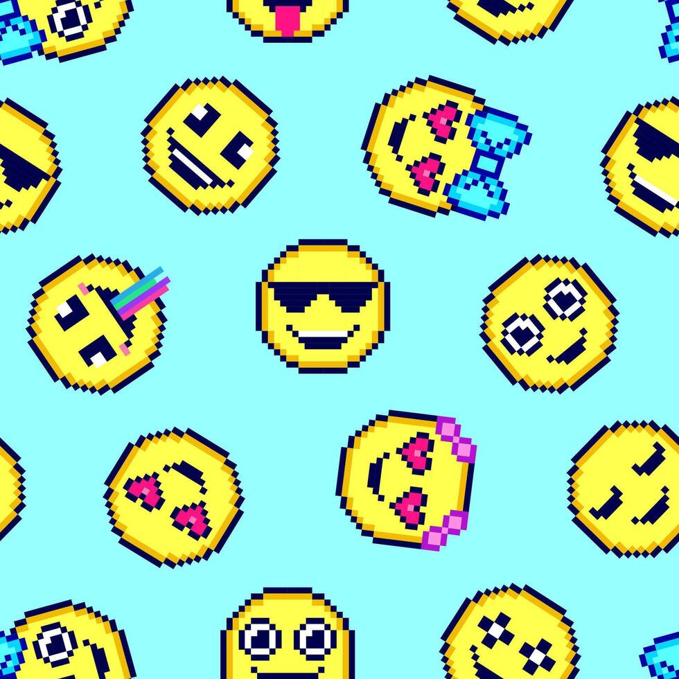Seamless pattern with cute emoticons on blue background. vector