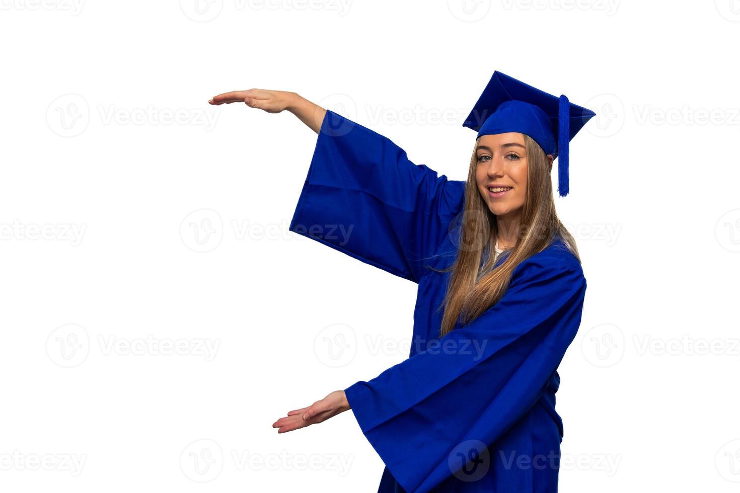 Graduated student showing blank copy space on white background photo