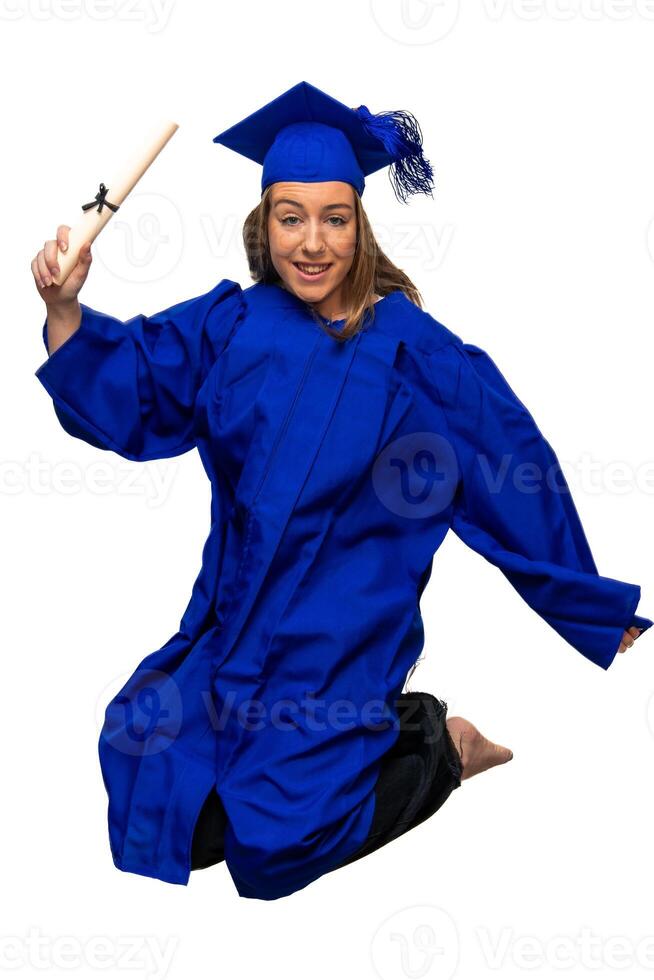 vertical Happy graduated student jumping and holding diploma wearing blue gown photo