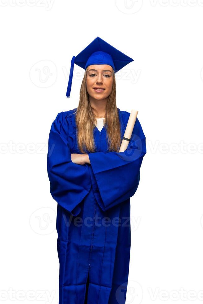 vertical Portrait of smiling graduate student wearing blue gown and holding diploma photo