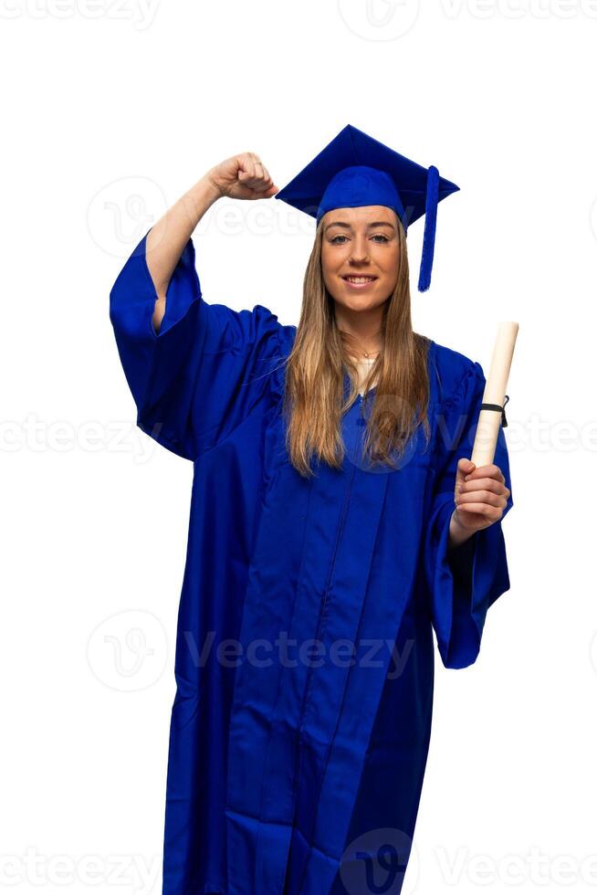 vertical Proud graduate showing muscles and holding diploma celebrating graduation photo