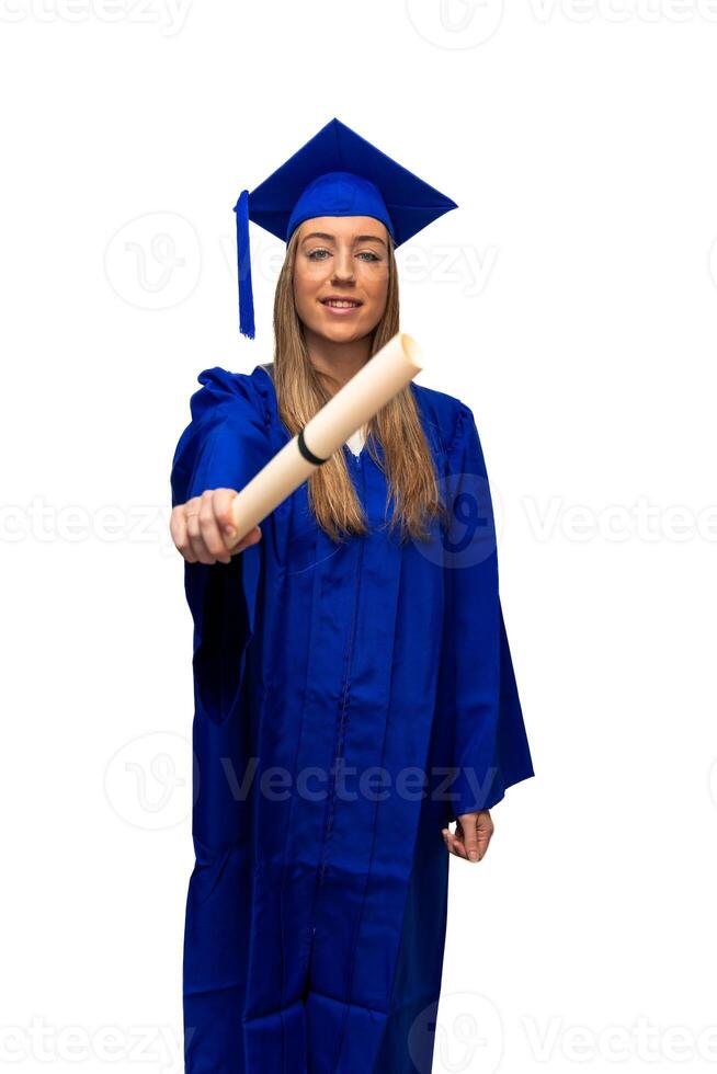 vertical Graduated student showing diploma, wearing blue gown and smiling photo