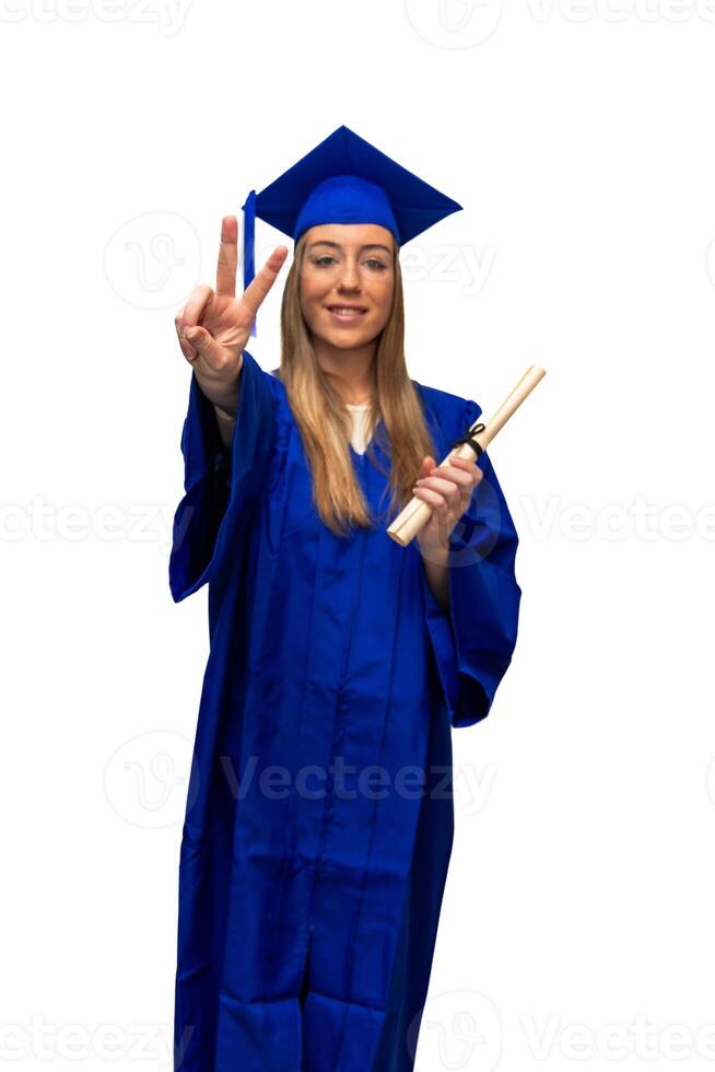 vertical Happy graduated student showing victory sign and holding diploma photo