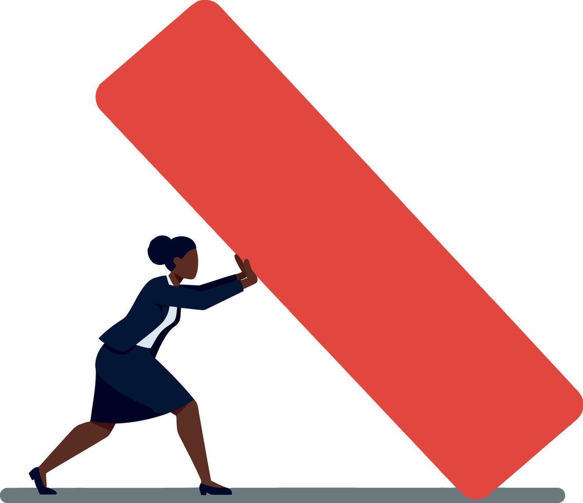 A determined businesswoman in a suit pushing a large red block while demonstrating strength and resilience in a flat illustration vector