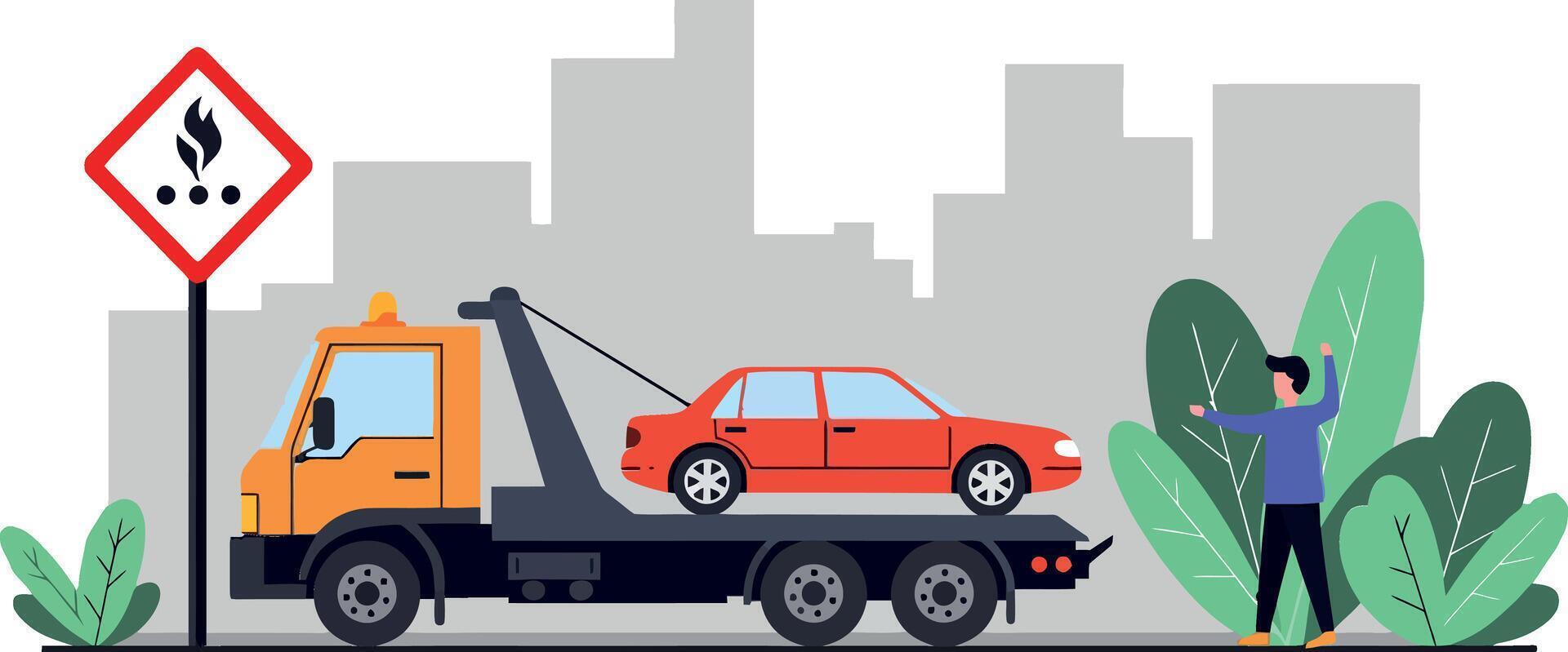 A tow truck lifting a red car in a city street with green plants in a flat illustration vector