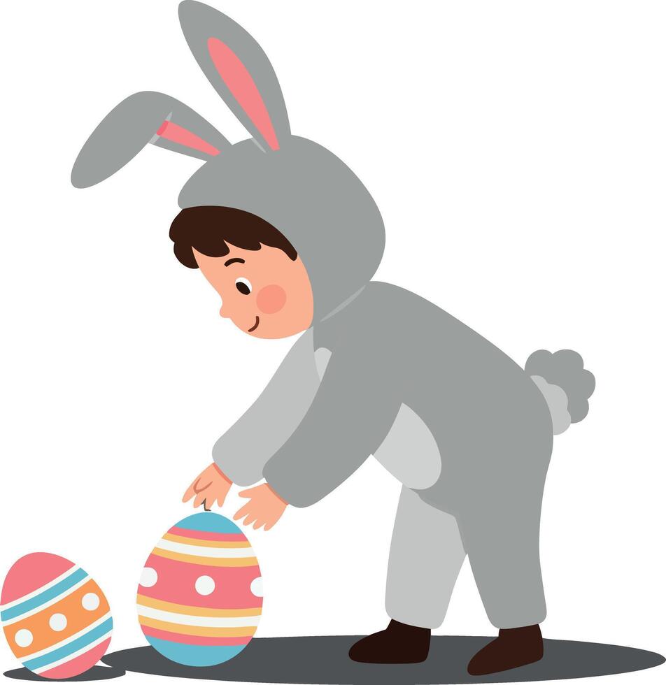 A cheerful child dressed in a bunny costume playfully picking up colorful decorated Easter eggs in a flat illustration vector