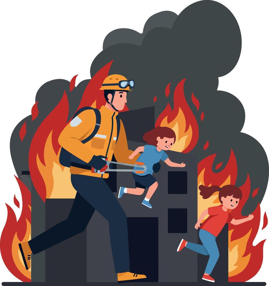 Firefighter rescuing two children from a burning building in a dramatic, vibrant, flat illustration vector
