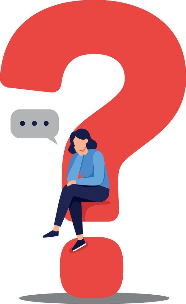 Woman sitting thoughtfully on a large red question mark in a flat design style, symbolizing curiosity and contemplation in art vector