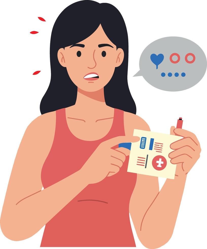 Concerned woman holding a medical report with a blue marker in a minimal design style, expressing anxiety over health indicators in illustration vector