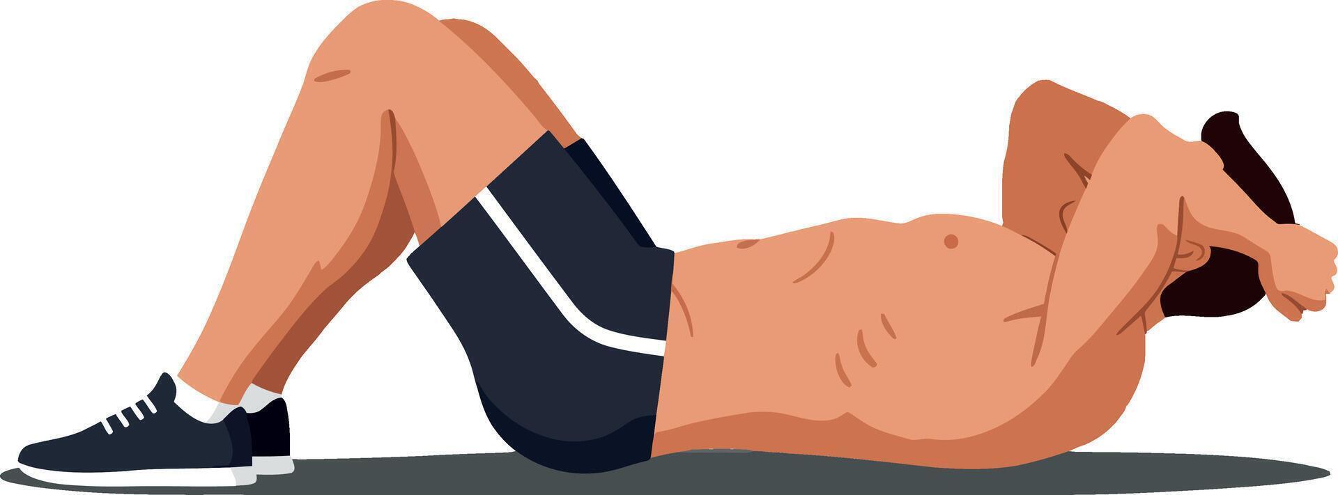 A fit man performing a crunch exercise in a minimalistic design style showcasing strength and determination in illustration vector