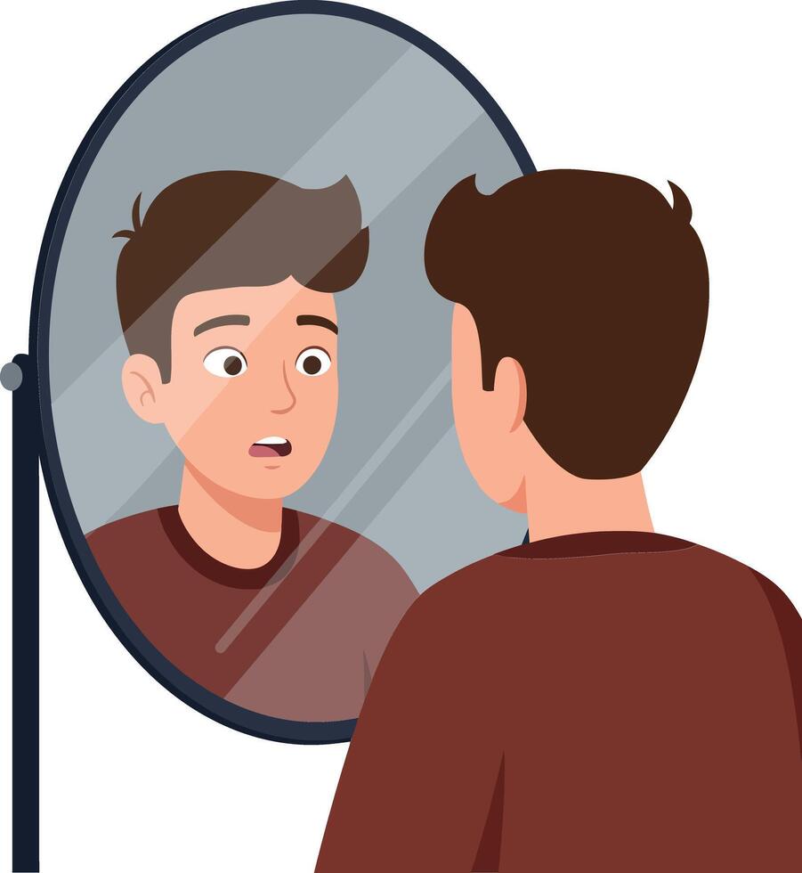 A young man with a surprised expression gazes into a round mirror in a minimal, flat design illustration vector