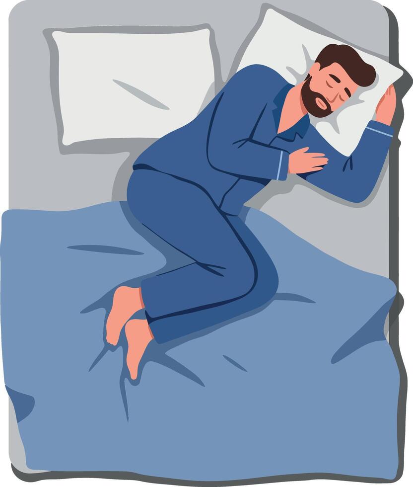 Man peacefully sleeping on a blue bed with white pillows in a minimal and modern design art vector