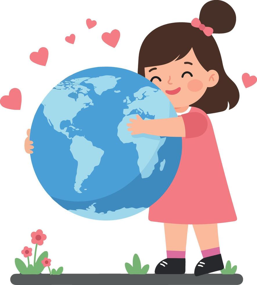 A cheerful girl in a pink dress hugging the Earth, surrounded by hearts and flowers, in a flat and colorful illustration vector