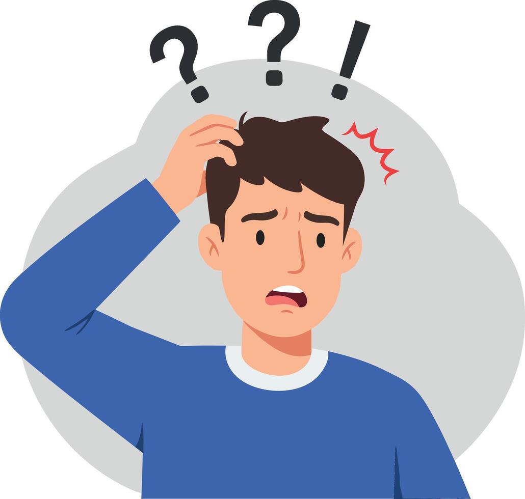 Confused young man scratching his head with a puzzled expression in a flat illustration style vector