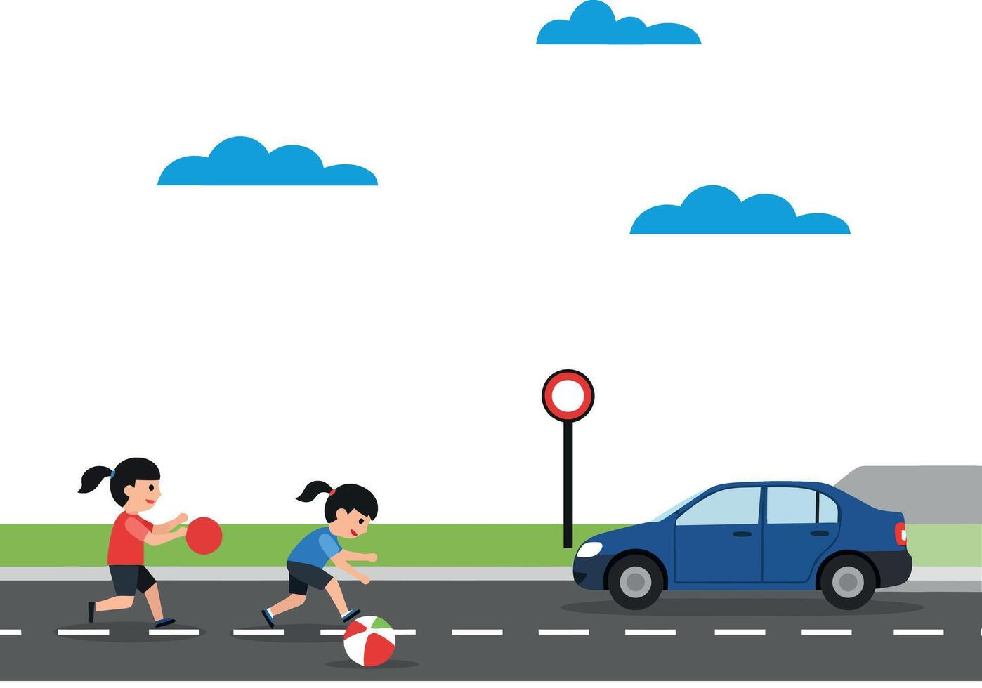 Two children playing with beach balls on the road while a car passes by in a colorful flat illustration vector