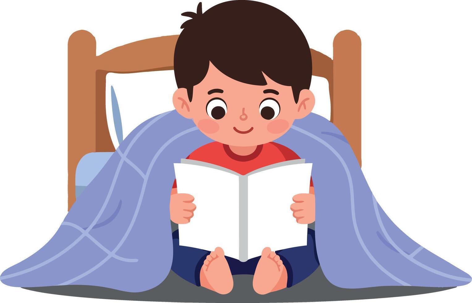 Young boy reading a book in bed while wrapped in a cozy blanket, flat illustration capturing a moment of tranquility and curiosity in a home setting vector