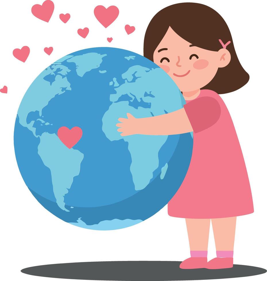 A cheerful girl in a pink dress hugging a globe surrounded by hearts, showcasing love for the Earth in flat illustration vector