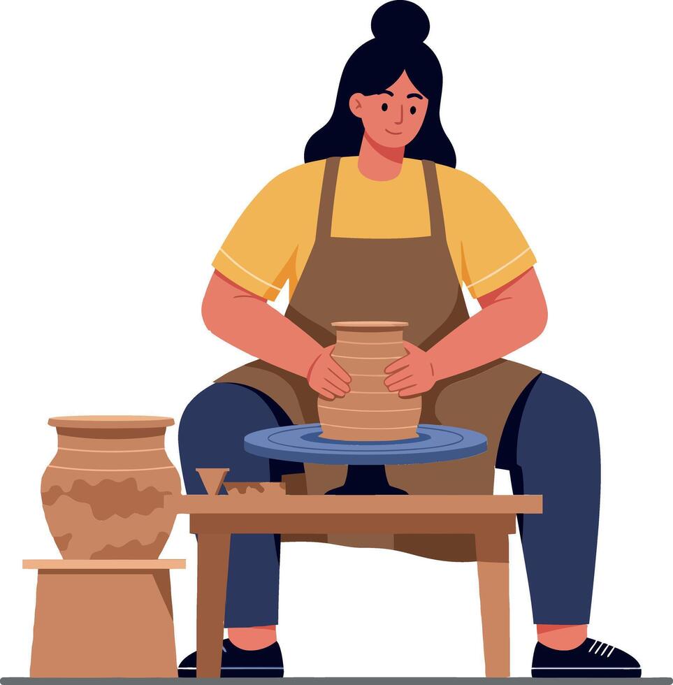 A woman skillfully shaping clay on a pottery wheel in a flat and colorful illustration showcasing the art of pottery making and creative expression vector