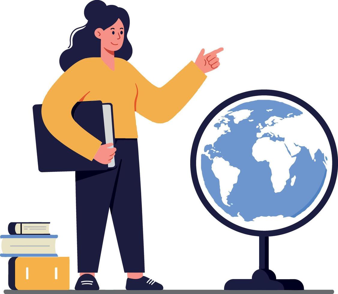 A woman with a confident expression pointing at a globe surrounded by books in a flat illustration style vector