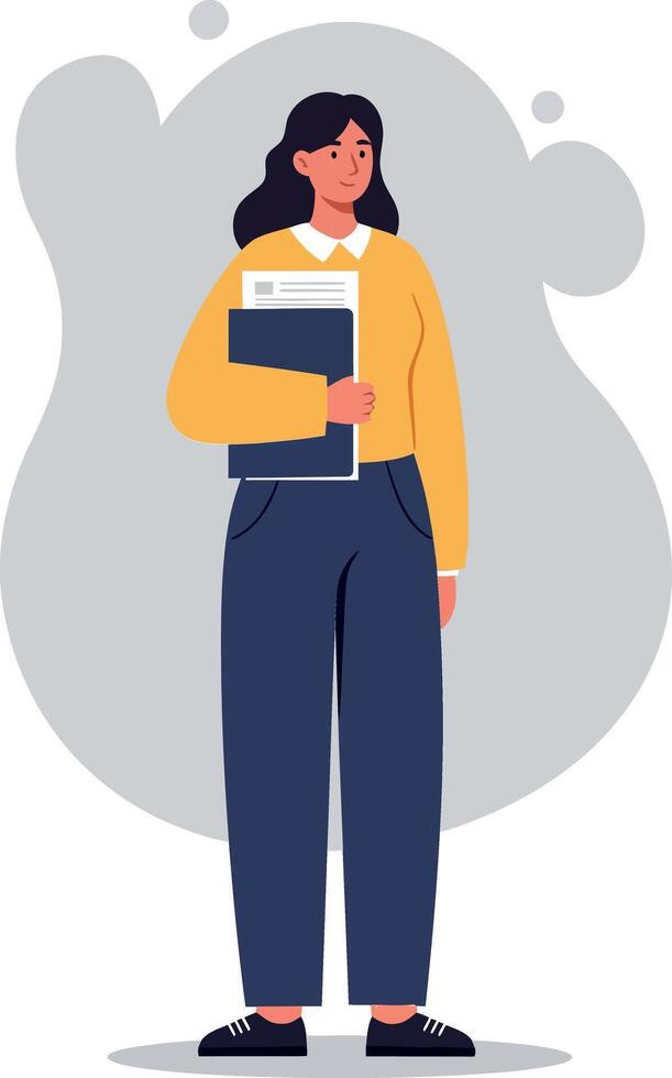Confident young woman standing with a folder in a casual outfit against a soft grey backdrop, showcasing a flat illustration style vector