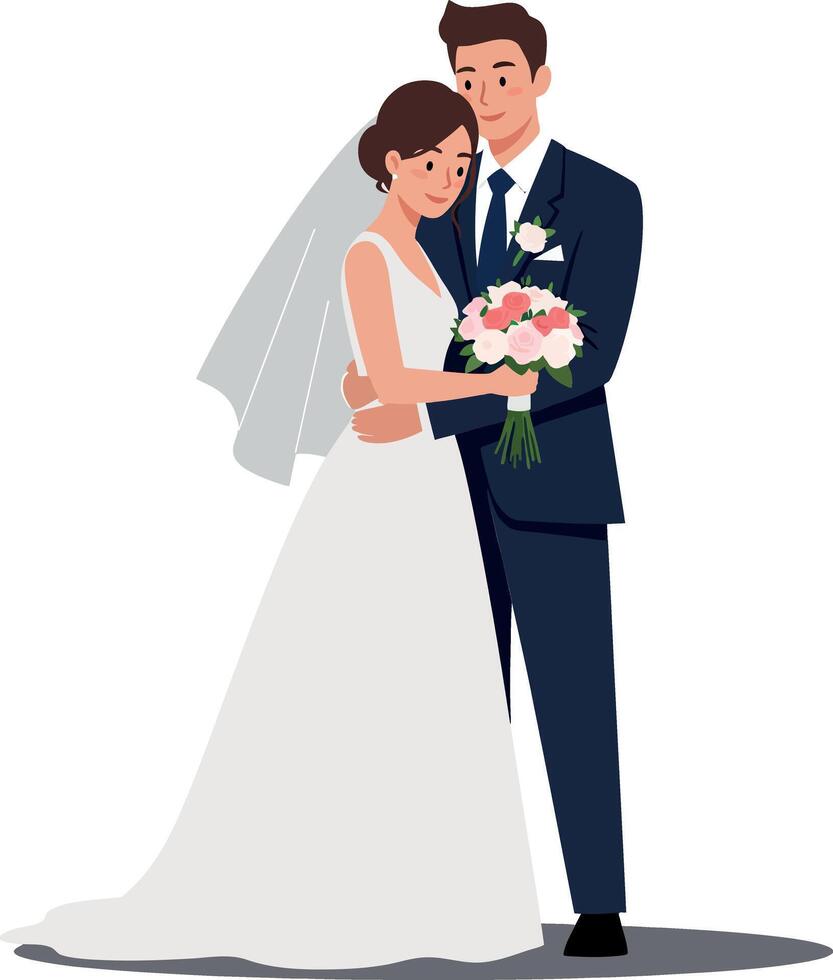 Happy newlywed couple embracing in elegant wedding attire with beautiful bouquet in a minimalistic flat design illustration vector