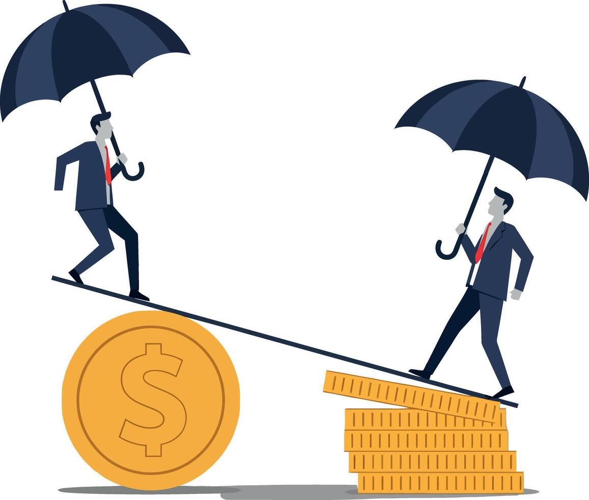 Businessmen balancing on a coin while holding umbrellas in a minimal flat design illustration vector