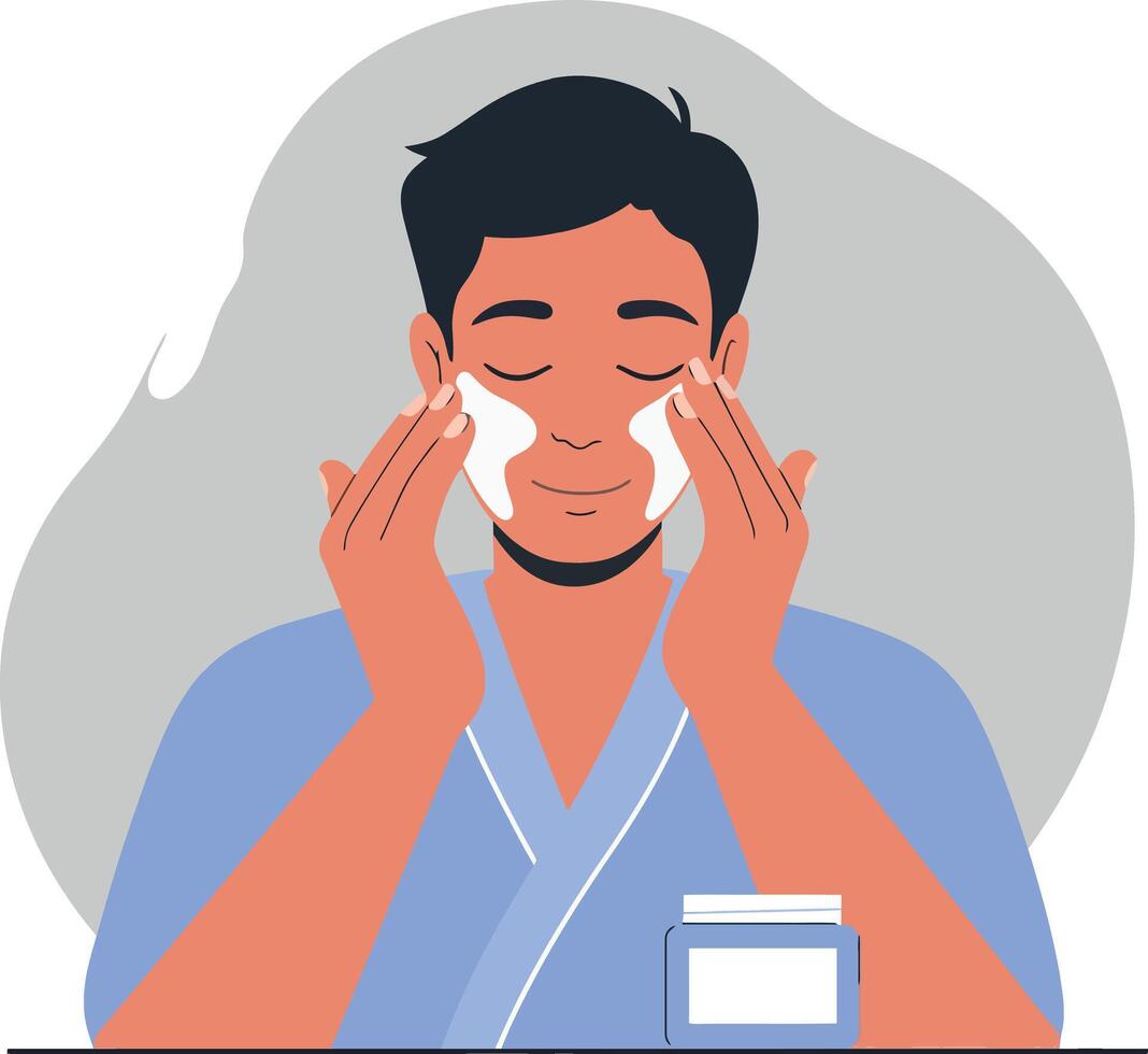 Man applying facial cream while enjoying self-care routine in minimalistic flat illustration vector