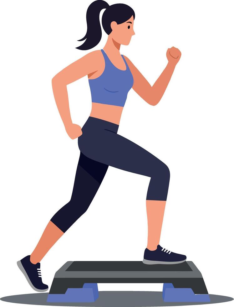 Woman energetically stepping on a fitness platform in a flat, minimal design style illustration vector