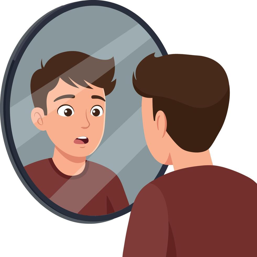 A young boy with surprised expression gazes into a round mirror reflecting his face in a flat illustration vector