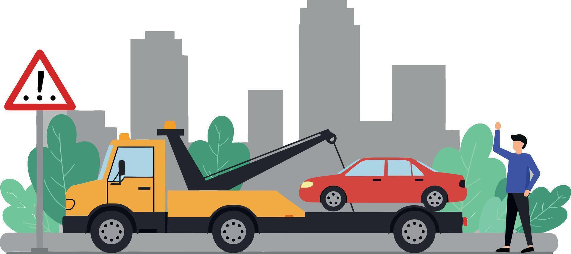 Yellow tow truck lifting a red car with a city skyline in a minimal flat design illustration vector