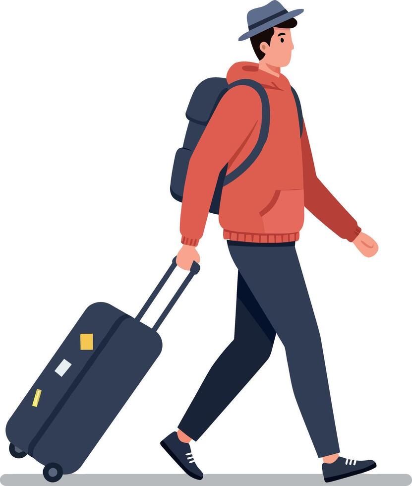 A young man in a red hoodie and hat walking with a suitcase in a flat and minimal design illustration vector