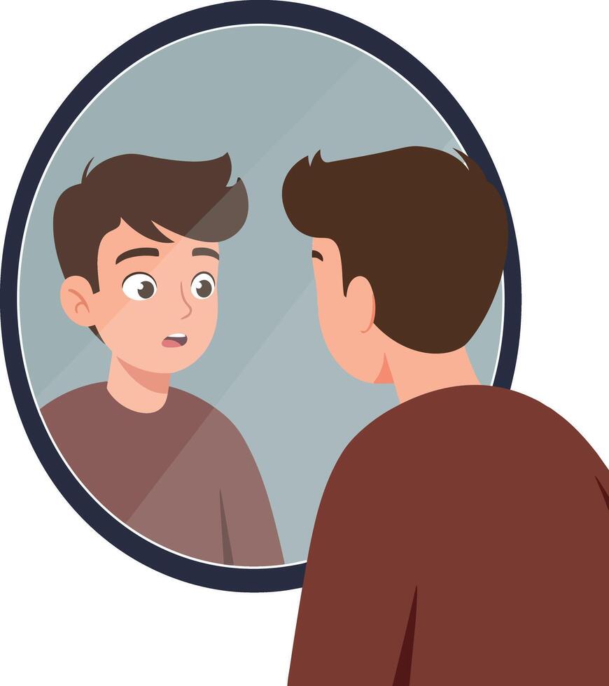 A young man looking surprised at his reflection in a circular mirror, featuring flat design style art vector