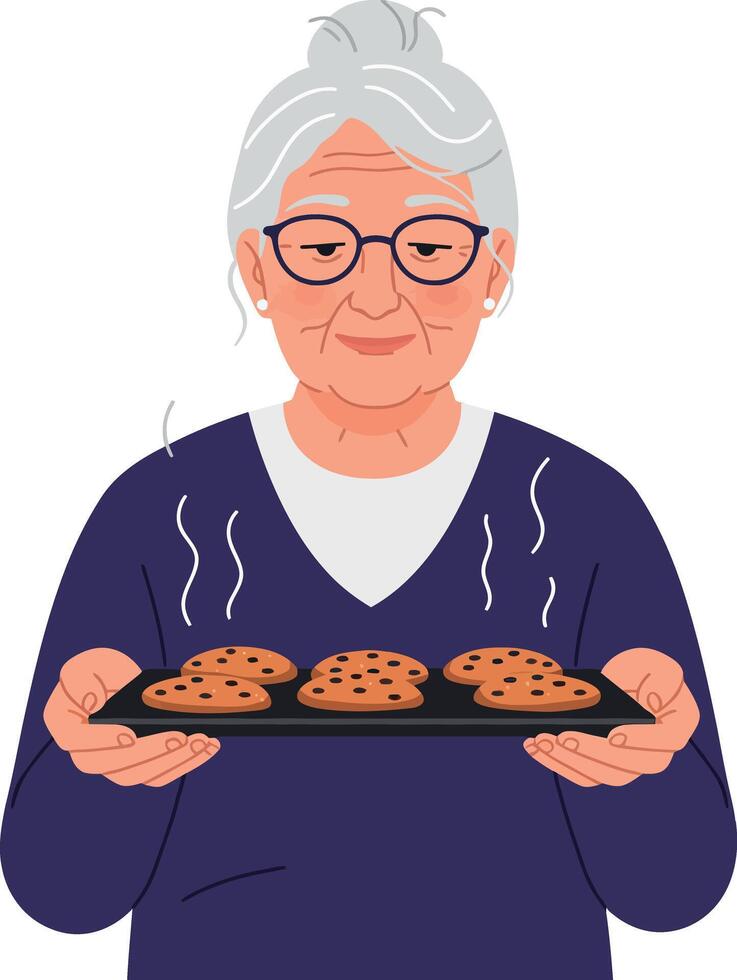 Elderly woman joyfully presenting freshly baked chocolate chip cookies on a black tray in a charming flat illustration vector