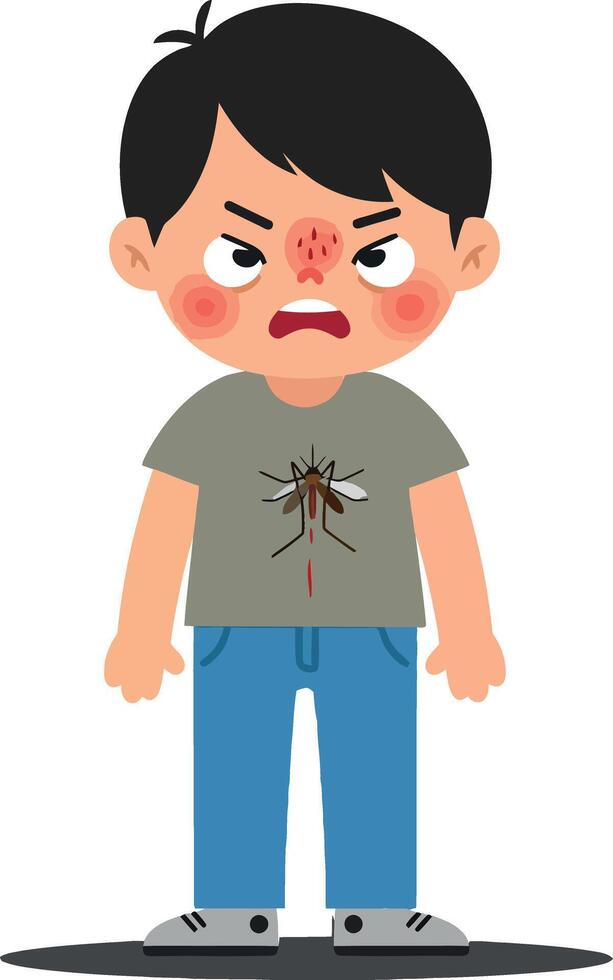 A young boy with an angry expression stands in a flat design style, showcasing mosquito bites on his face and shirt, depicted in vibrant art vector