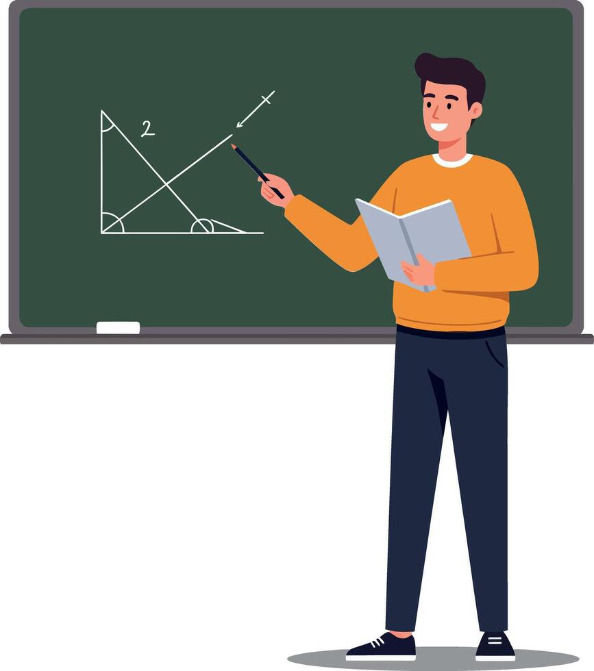 A male teacher in an orange sweater explaining geometry concepts on a chalkboard, showcasing a flat design style in vibrant colors, illustration vector