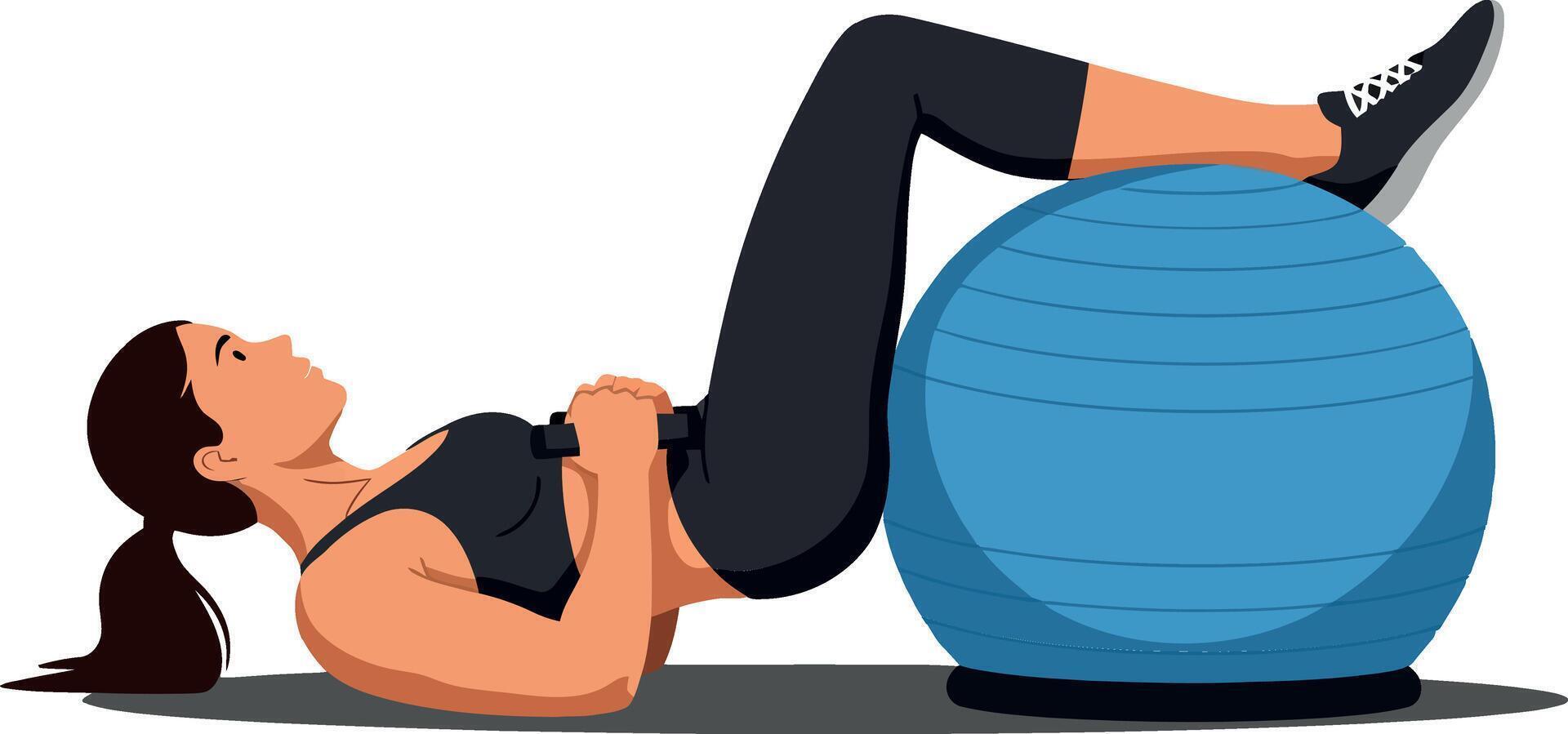 Woman performing a fitness exercise on a blue stability ball in a flat illustration style showcasing strength and determination during her workout routine vector