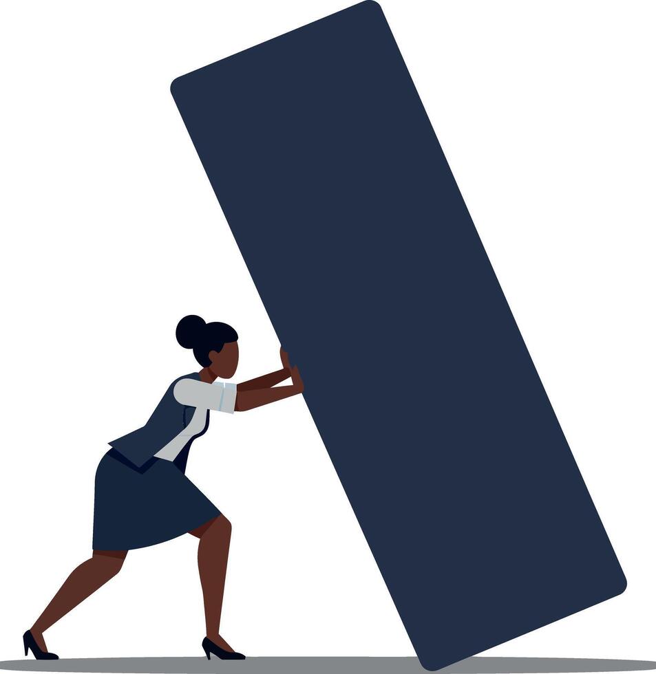 Determined businesswoman pushing a large blue rectangle in a flat design illustration showcasing strength and perseverance in a minimalistic style vector