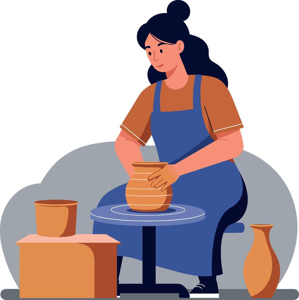 A woman shaping clay on a pottery wheel in a cozy studio, minimal design style, showcasing creativity and focus, illustration vector