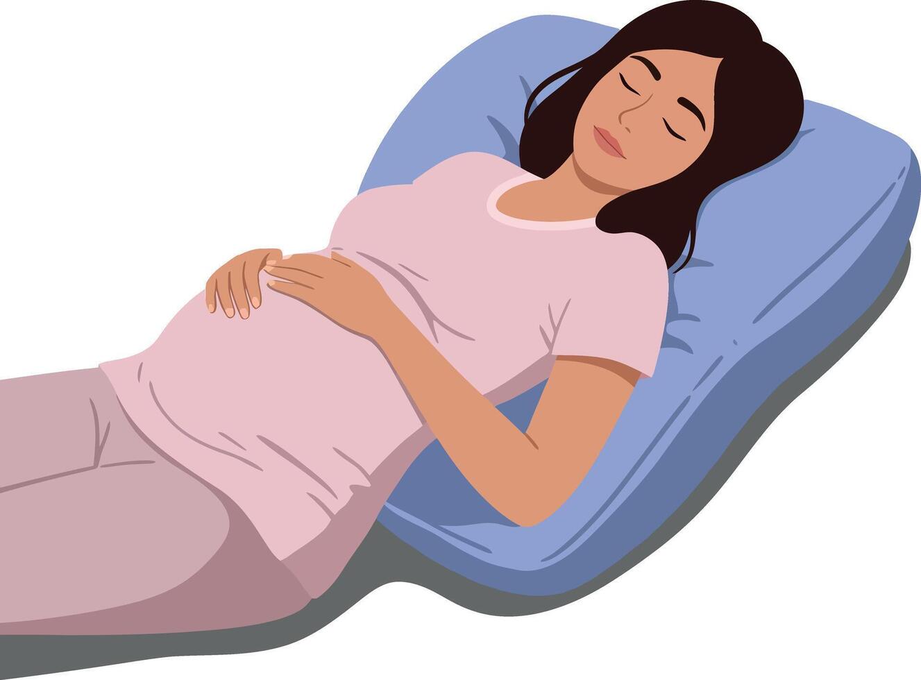 Pregnant woman resting peacefully on a blue pillow in a flat and minimal illustration showcasing tranquility and comfort in a serene setting vector