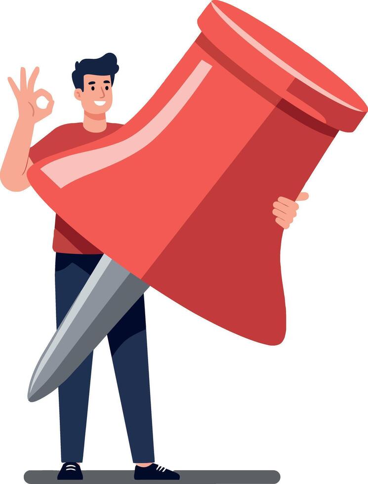 A cheerful young man holding a large red pushpin with a friendly gesture in a colorful flat illustration vector