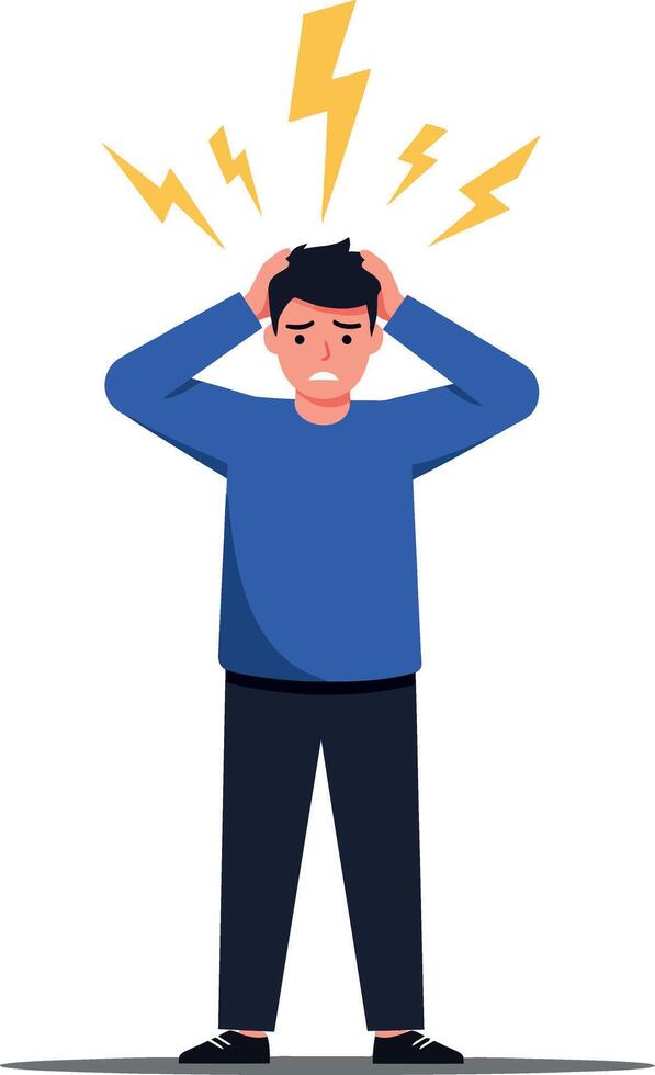 Man holding his head in distress with lightning bolts above, illustrated in a minimal flat design style, conveying frustration and anxiety in art vector