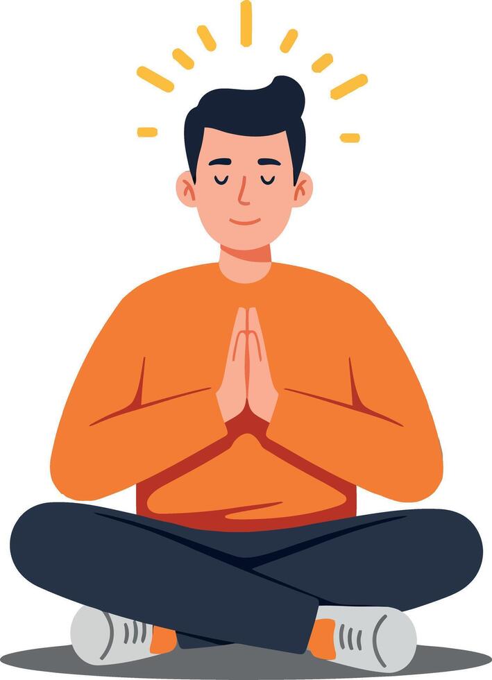 Man meditating in a serene posture wearing an orange sweater, showcasing a minimal and calming design style, emanating peace and tranquility in art vector