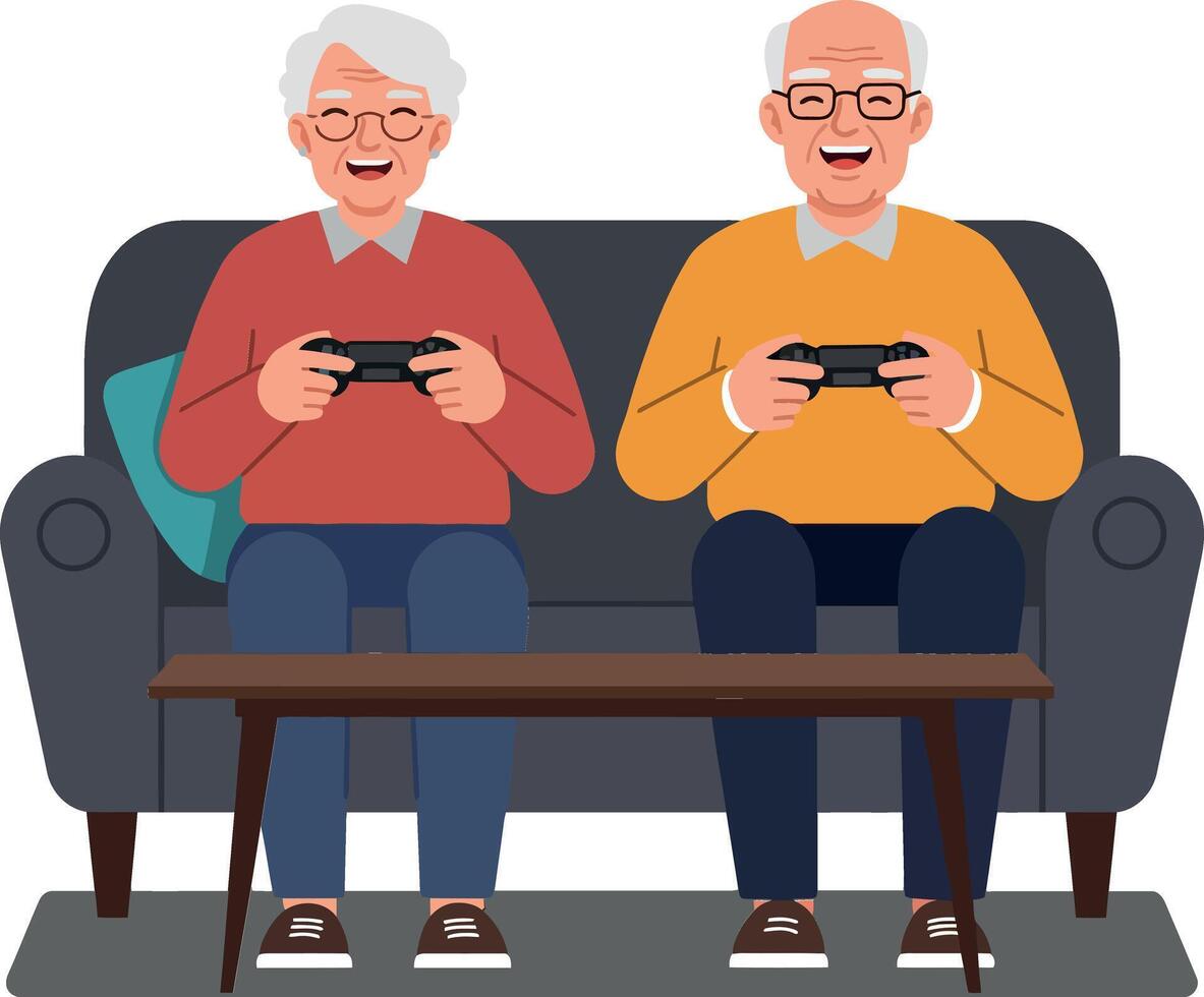Two elderly men joyfully playing games together on a cozy couch in a flat design illustration vector