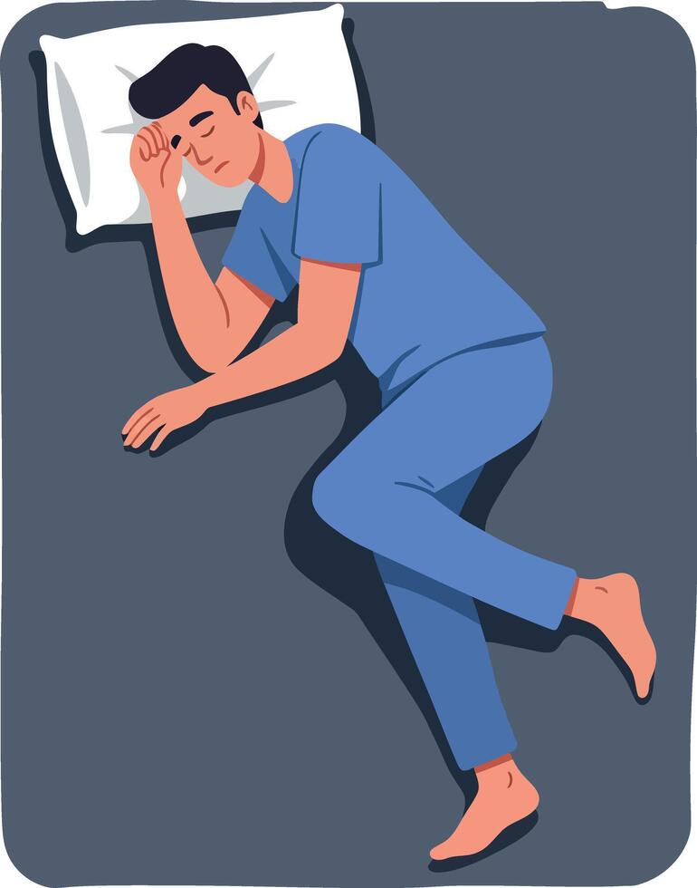 A man peacefully sleeping on a white pillow, wearing blue pajamas, in a flat and minimal illustration of relaxation and comfort vector