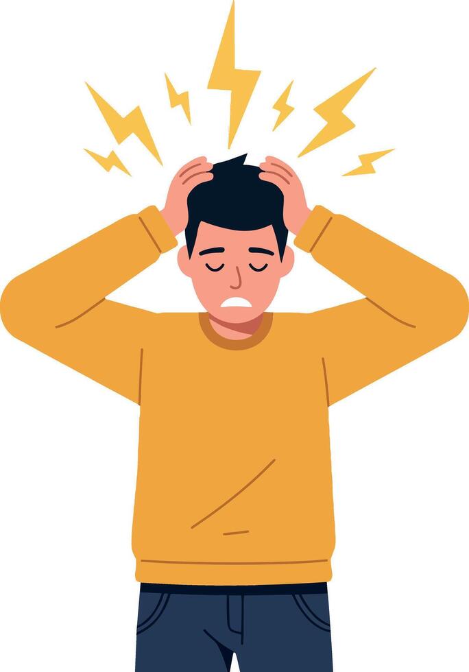 A young man in a yellow sweater with a pained expression holding his head, surrounded by zigzagging yellow lines, depicting stress in a flat illustration vector